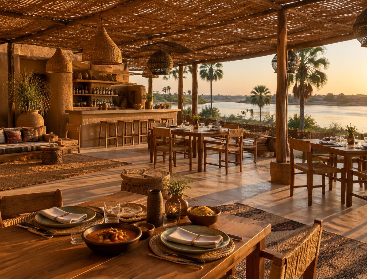 Restaurant et bar de plein air avec tables dressées face au fleuve